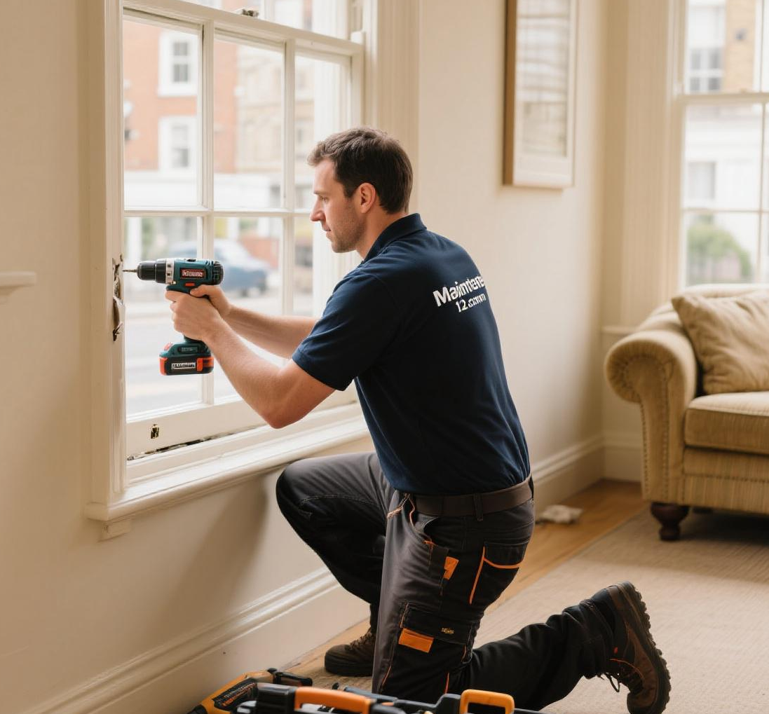 Sash window repair Expert craftsman restoring a traditional wooden sash window frame with new cords and weights.
